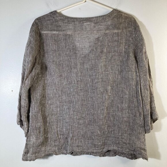 Womens Purejill Linen Top V Neck 3/4/Sleeve Marled Brown XS Open Weave Linen - Picture 2 of 8